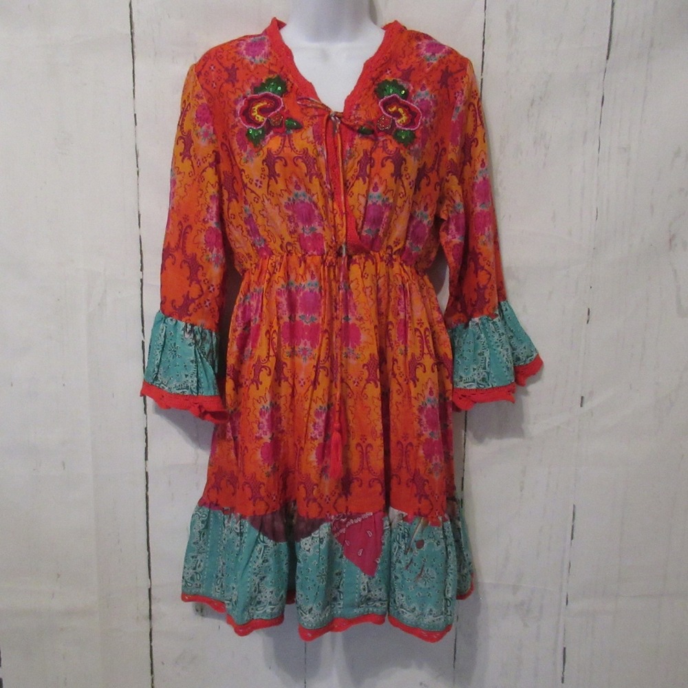 Antica Santoria Dress S M L Embroidered Beaded Floral Tropical Resortwear Cruise